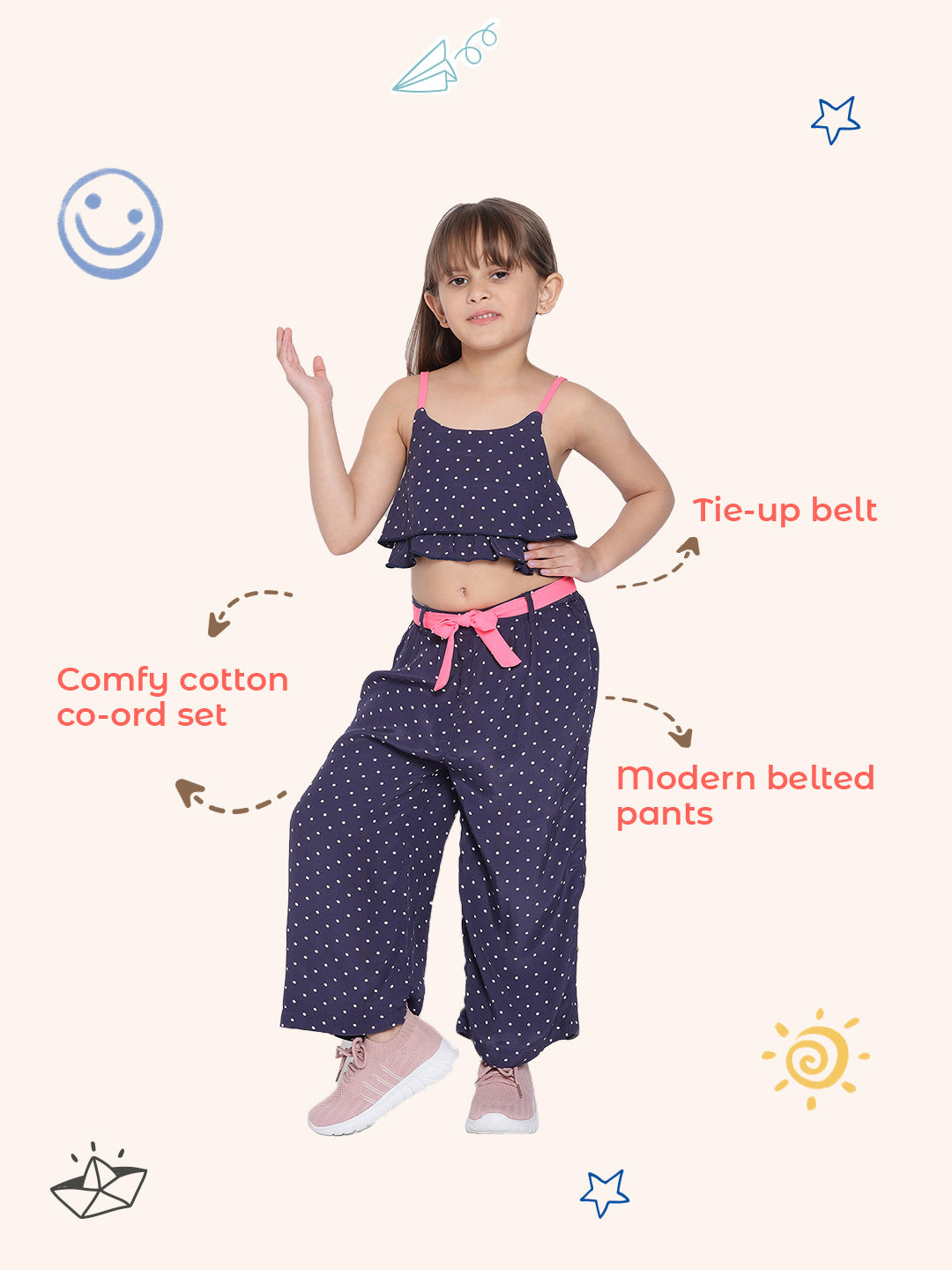 Nautinati Girls Navy Blue Pink Polka Dot Cotton Co-Ord