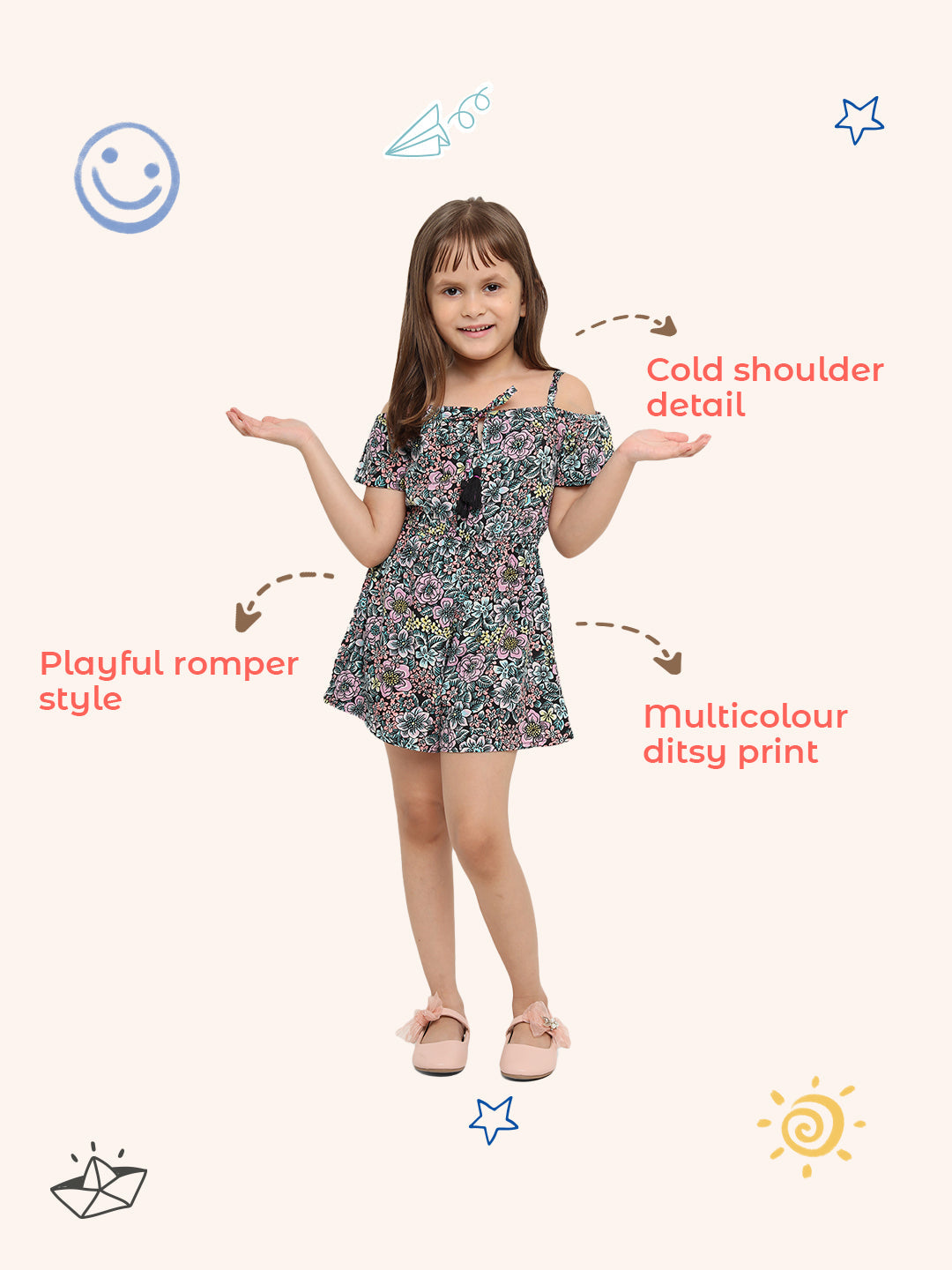 Nautinati Girls Black Purple Printed Playsuit