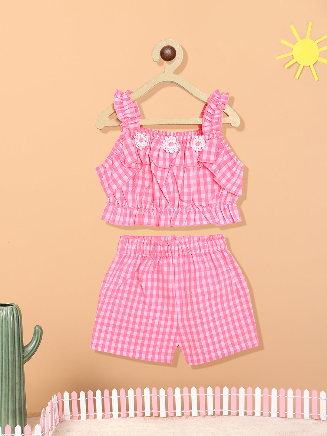 Nautinati Girls Pink White Checked Top With Shorts