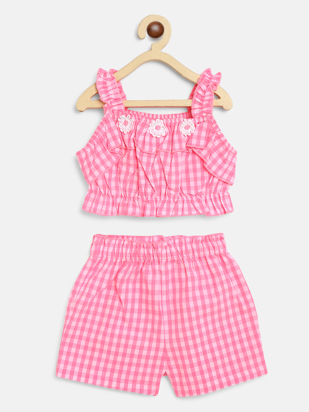 Nautinati Girls Pink White Checked Top With Shorts