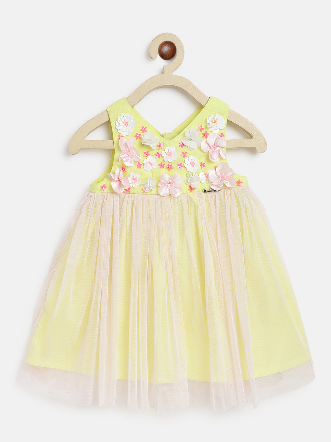 Nautinati Girls Yellow Embellished Cotton Net Dress