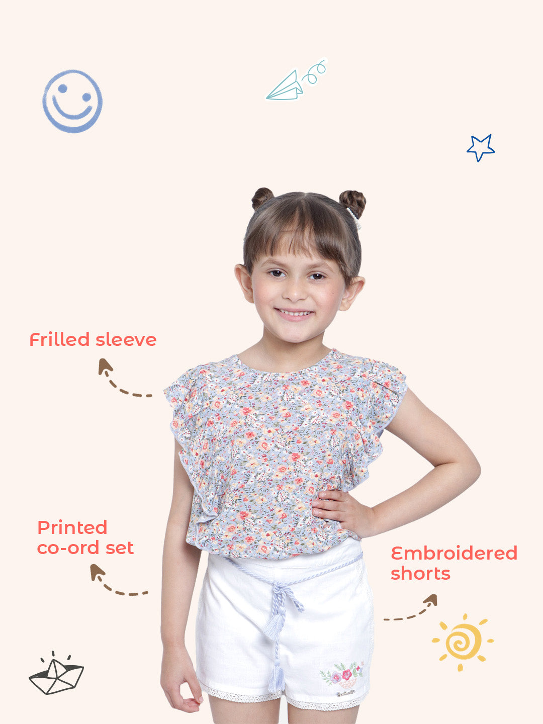 Nautinati Girls Blue White Printed Top With Shorts