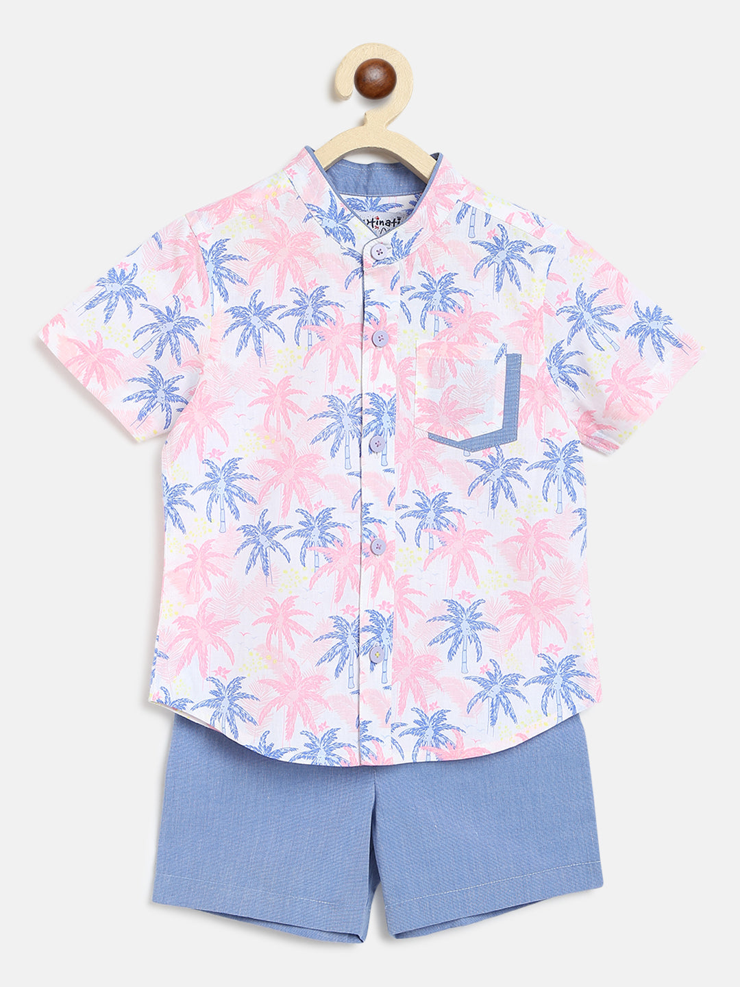 Nautinati Boys Blue Pink Printed Shirt With Shorts