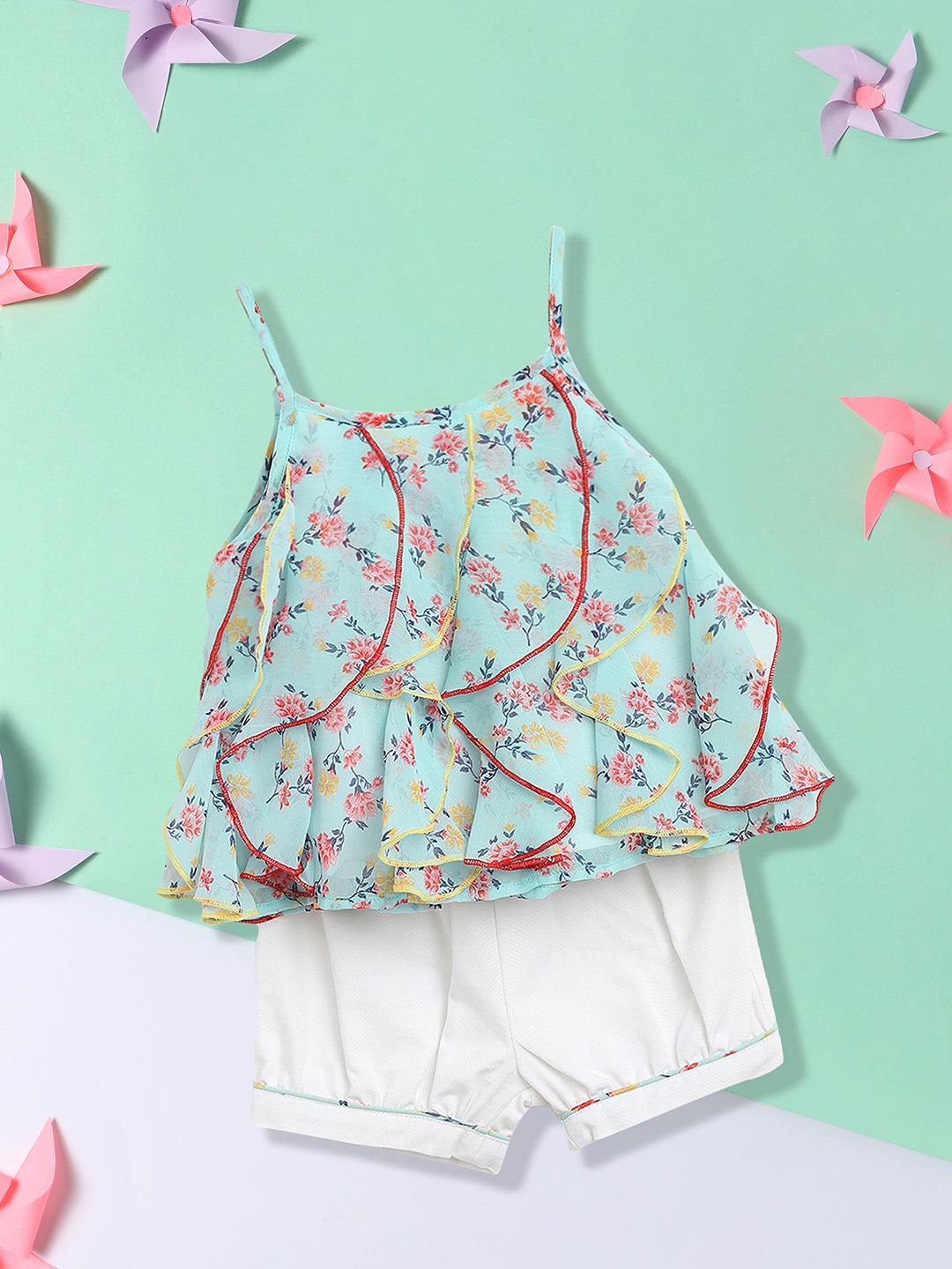 Nautinati Girls Turquoise Blue White Printed Top With Shorts