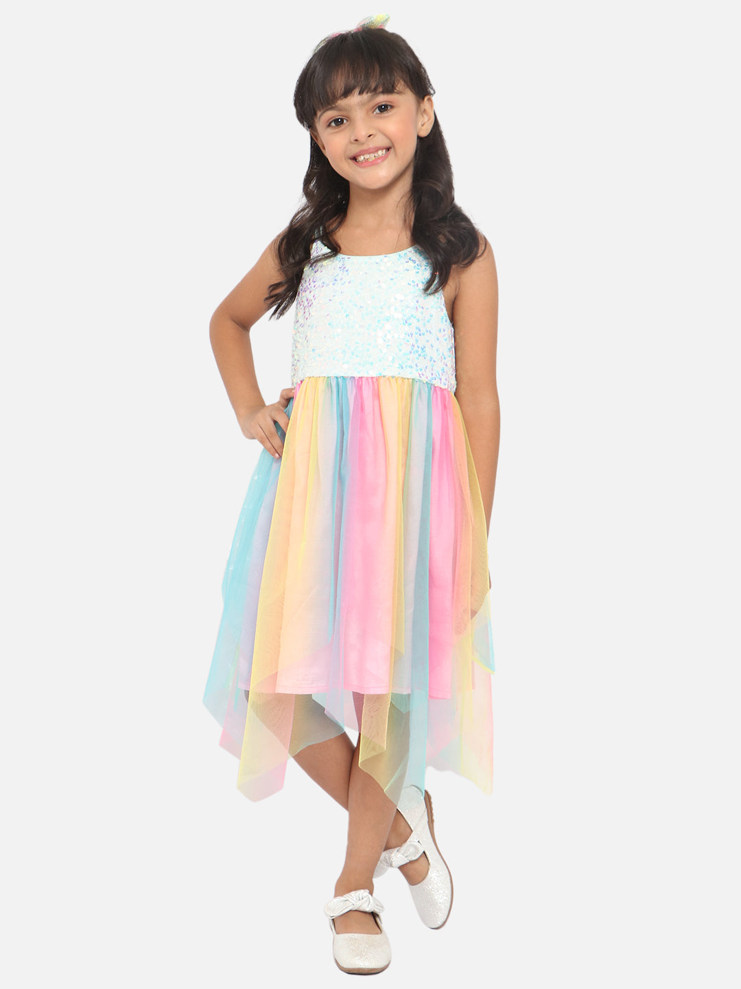 Nautinati Multicoloured Embellished Net A-Line Midi Dress