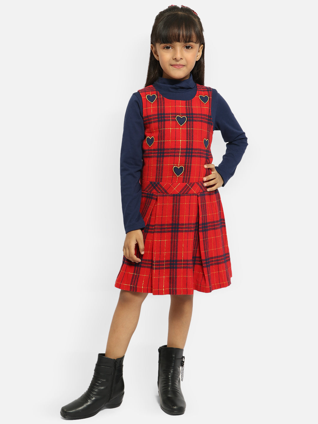 Nautinati Red Blue Checked Applique Pinafore Dress With Full Sleeve T-Shirt