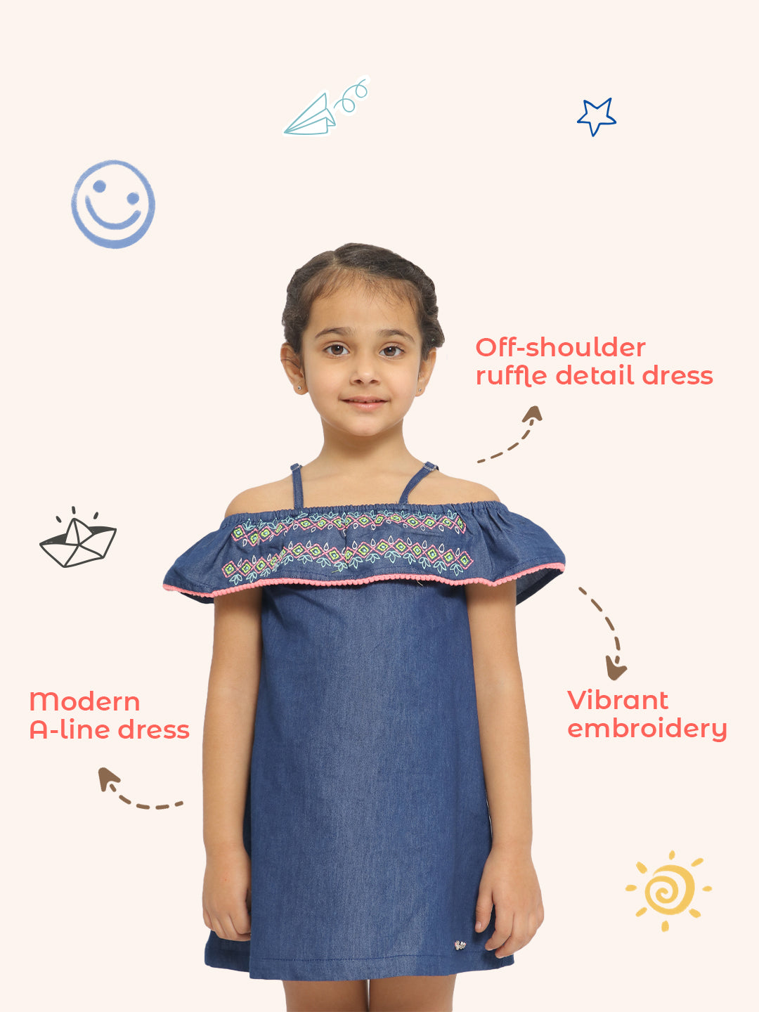 Nautinati Girls Embroidered Off-Shoulder Cotton A-Line Dress