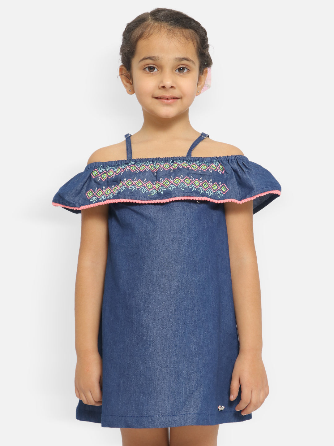 Nautinati Girls Embroidered Off-Shoulder Cotton A-Line Dress