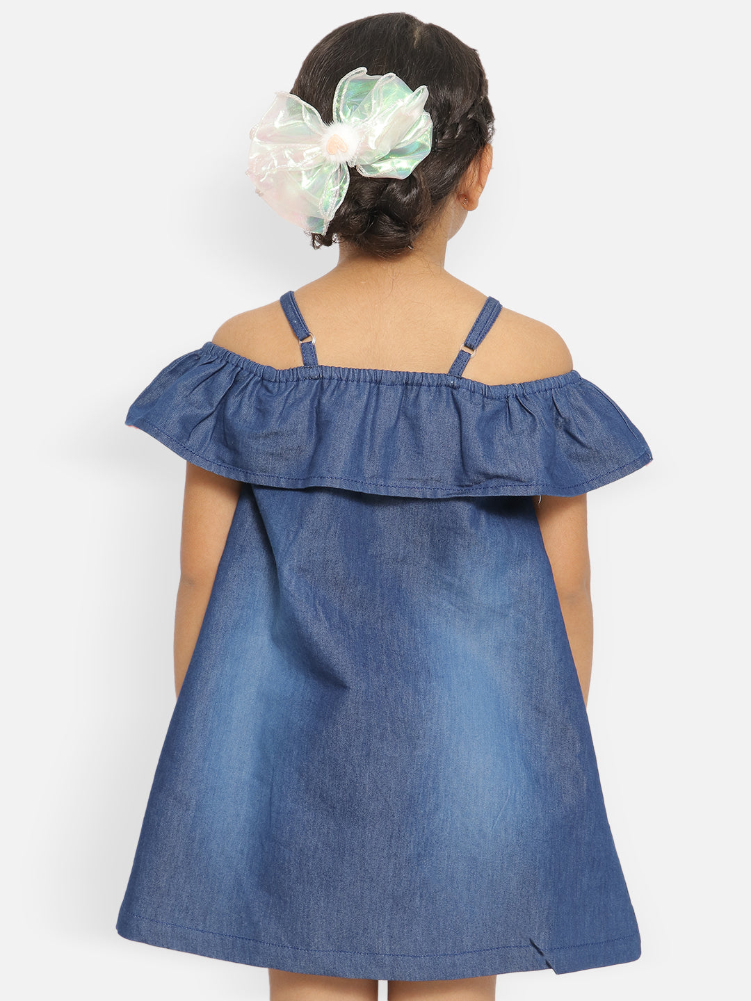 Nautinati Girls Embroidered Off-Shoulder Cotton A-Line Dress