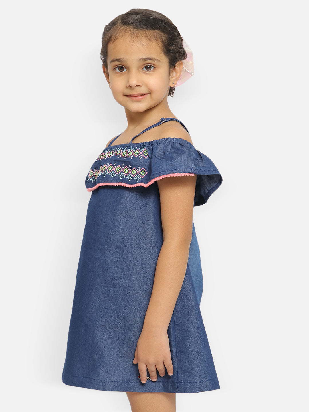 Nautinati Girls Embroidered Off-Shoulder Cotton A-Line Dress