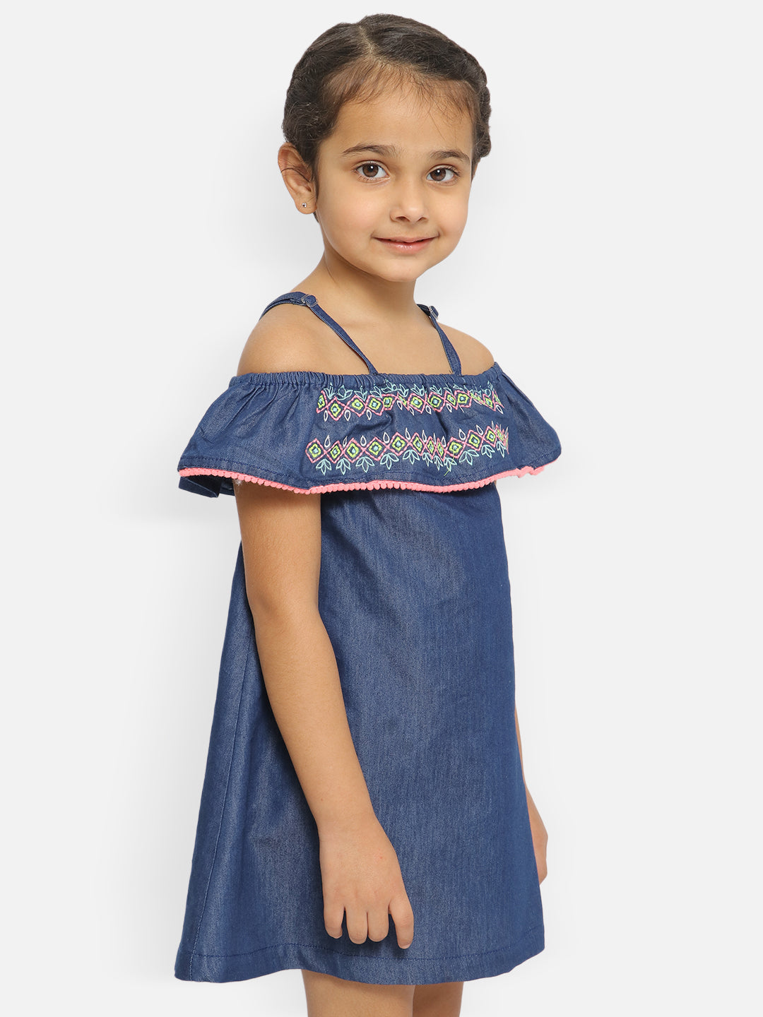 Nautinati Girls Embroidered Off-Shoulder Cotton A-Line Dress