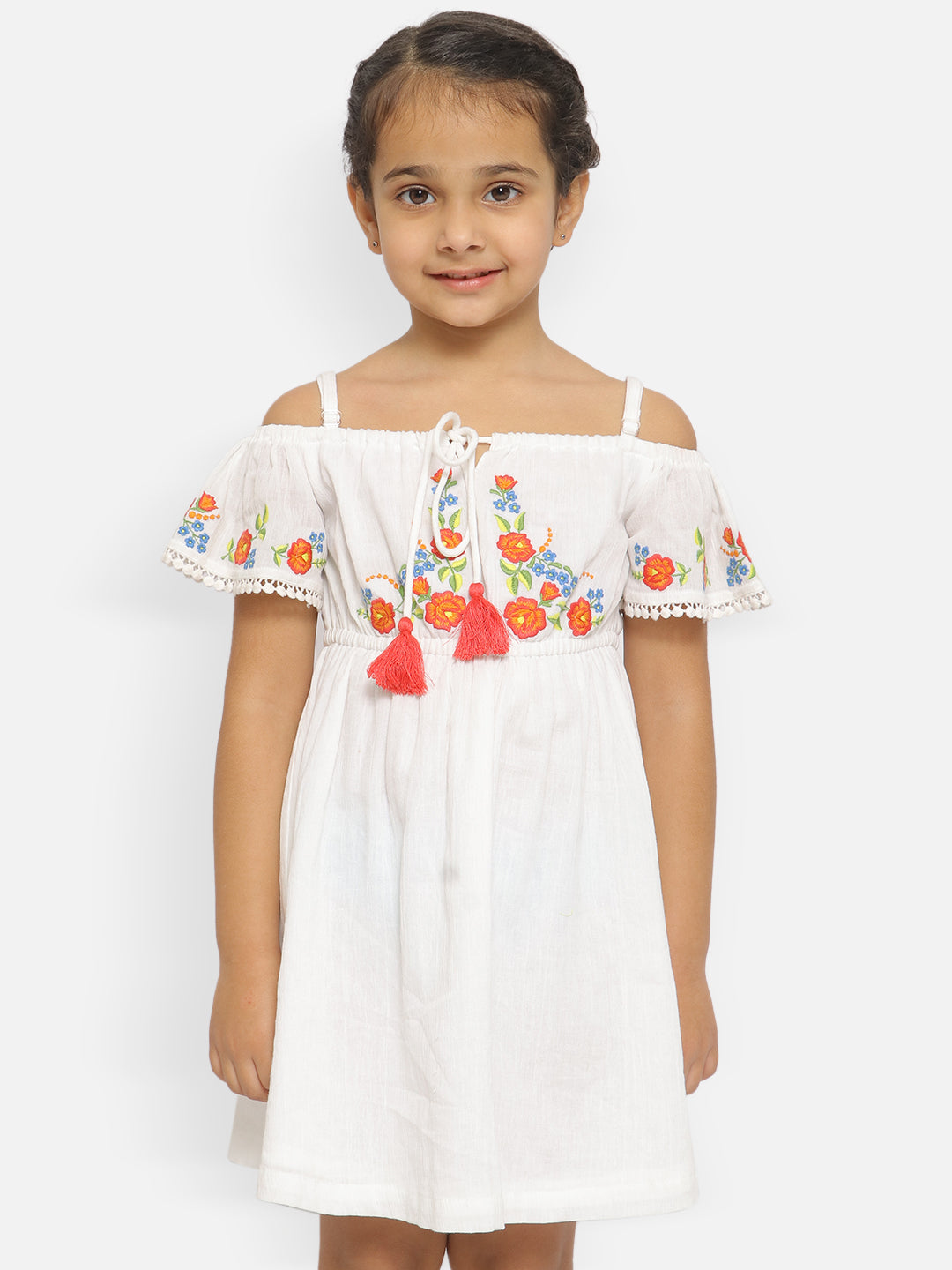 Nautinati Girls Floral Embroidered Tie-Up Detail Gathered Pure Cotton A-Line Dress