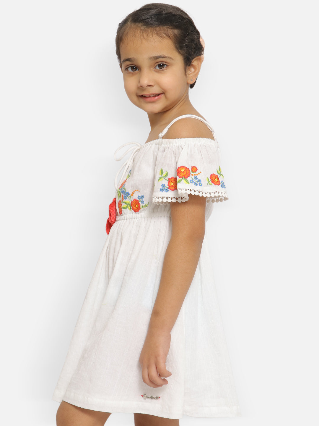 Nautinati Girls Floral Embroidered Tie-Up Detail Gathered Pure Cotton A-Line Dress