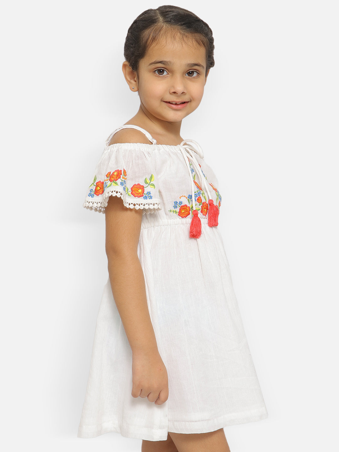 Nautinati Girls Floral Embroidered Tie-Up Detail Gathered Pure Cotton A-Line Dress