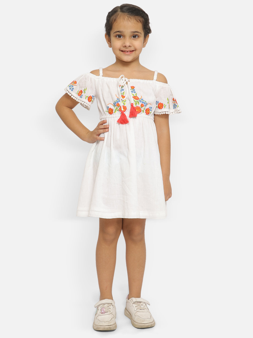 Nautinati Girls Floral Embroidered Tie-Up Detail Gathered Pure Cotton A-Line Dress