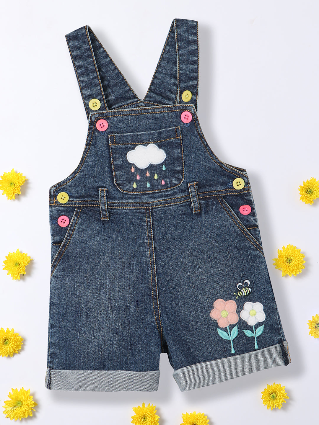 Nautinati Girls Applique Work Pure Cotton Denim Dungaree