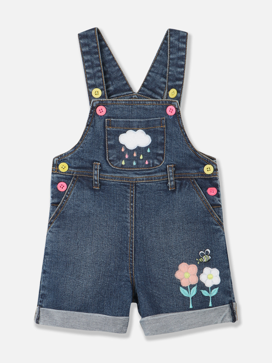 Nautinati Girls Applique Work Pure Cotton Denim Dungaree