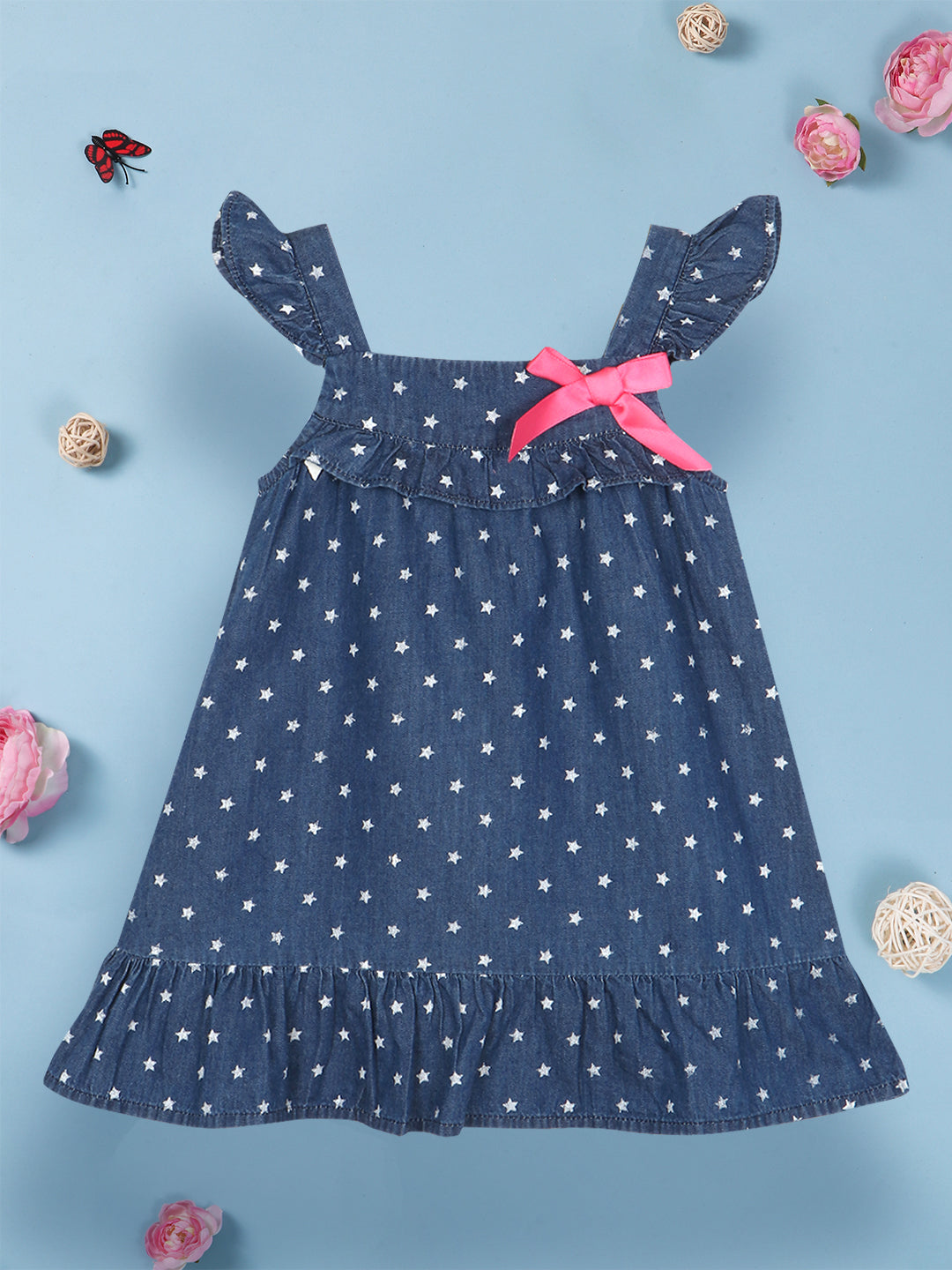 Nautinati Girls Polka Dot Printed Gathered Square Neck A-Line Dress