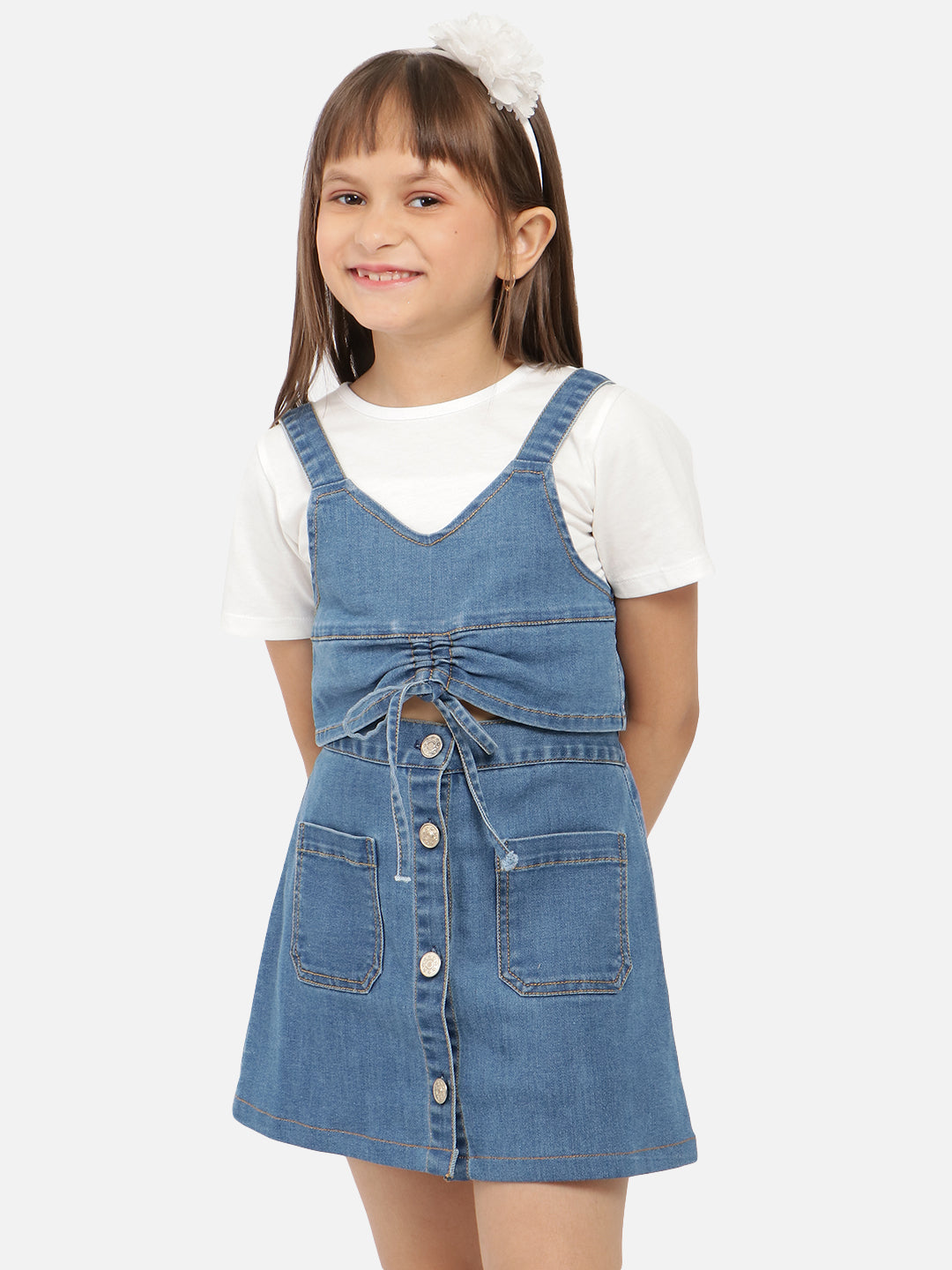 Nautinati Girls V-Neck Pure Cotton Denim Top With Skirt