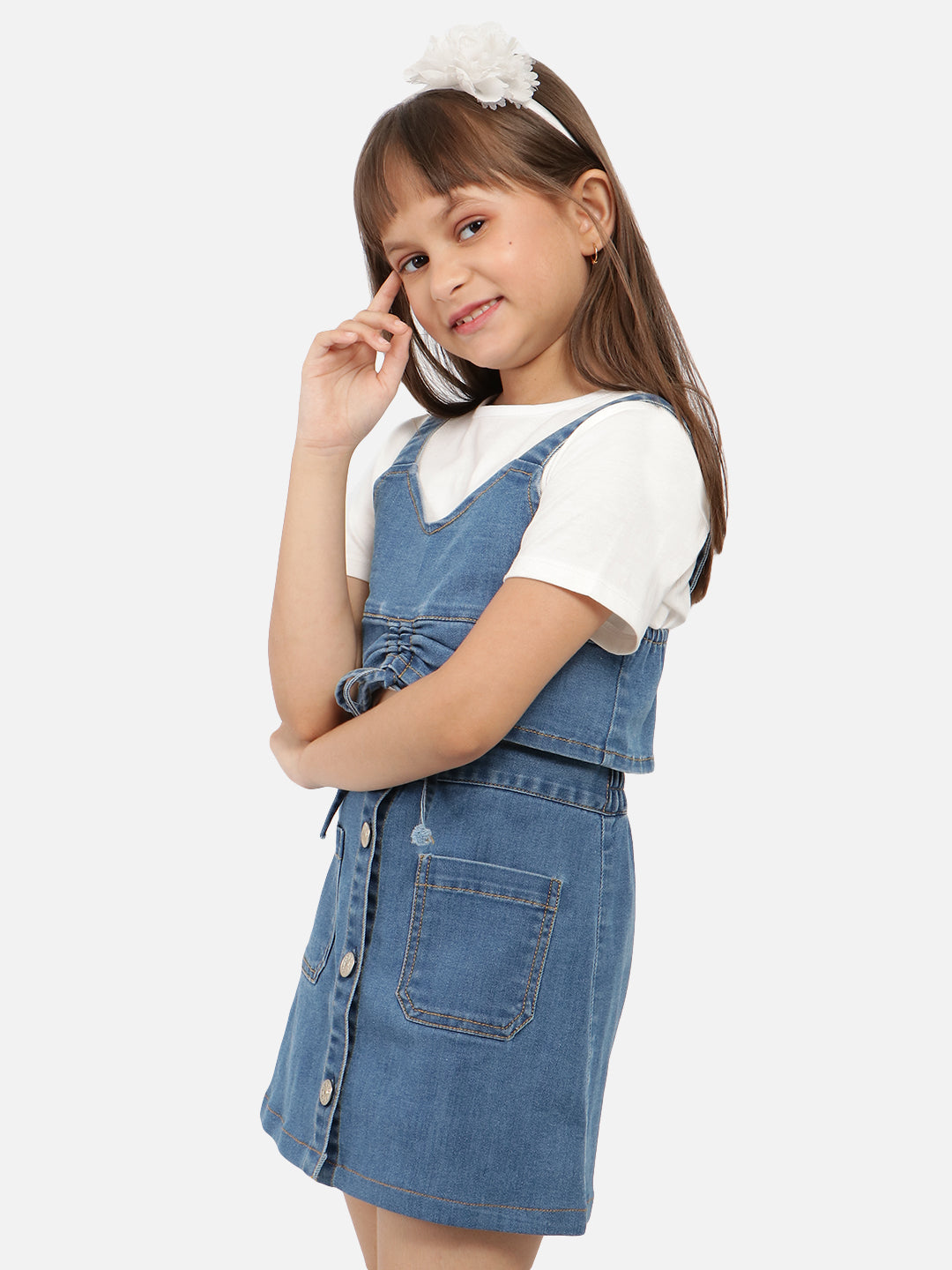 Nautinati Girls V-Neck Pure Cotton Denim Top With Skirt