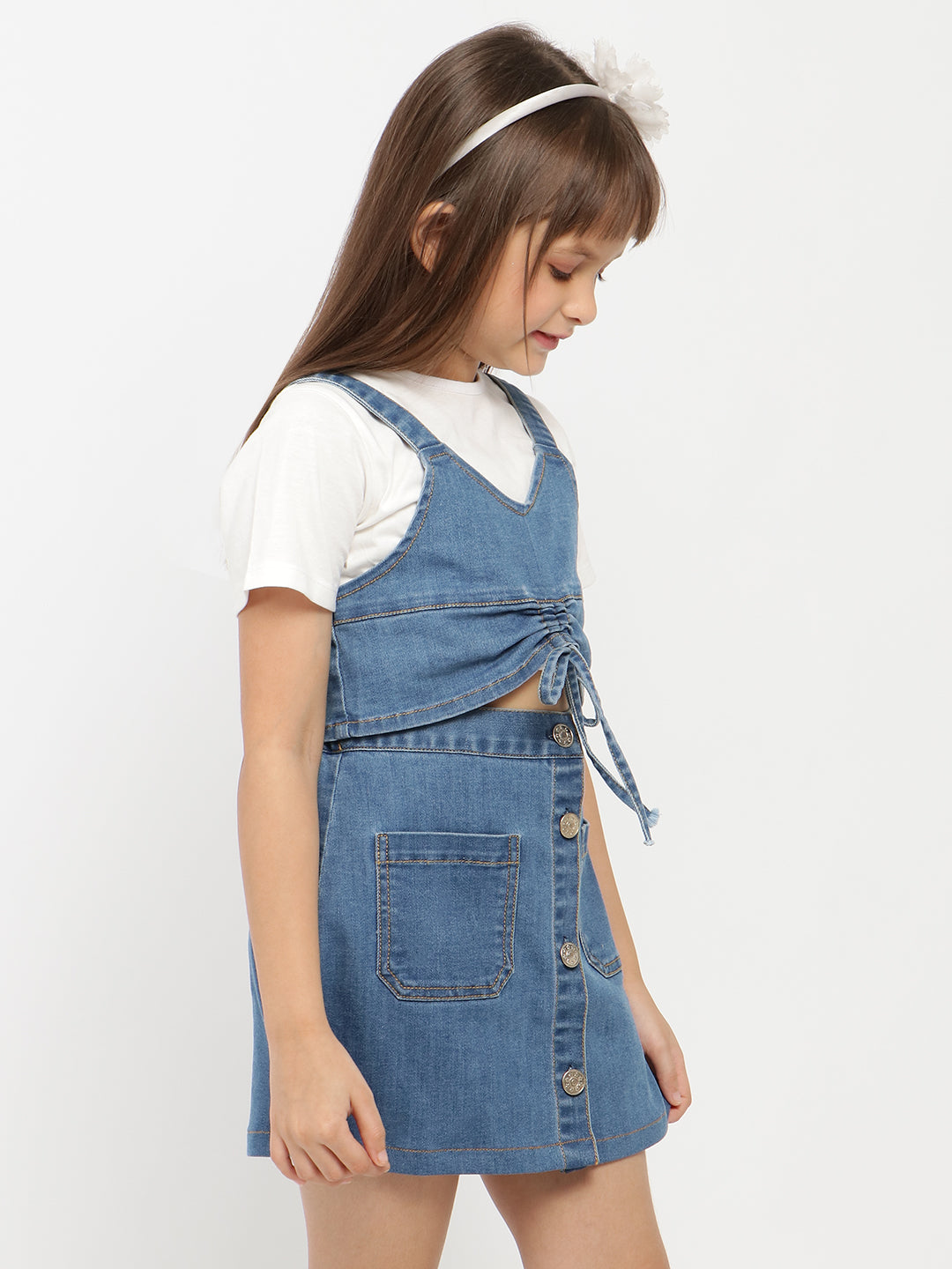 Nautinati Girls V-Neck Pure Cotton Denim Top With Skirt