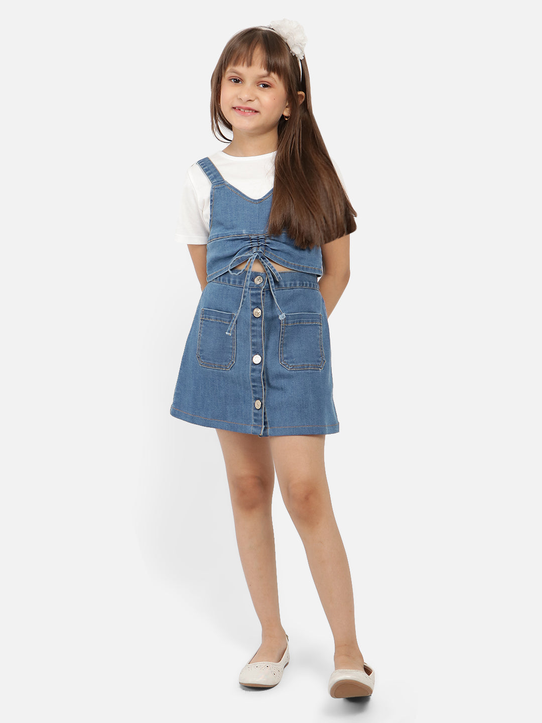 Nautinati Girls V-Neck Pure Cotton Denim Top With Skirt