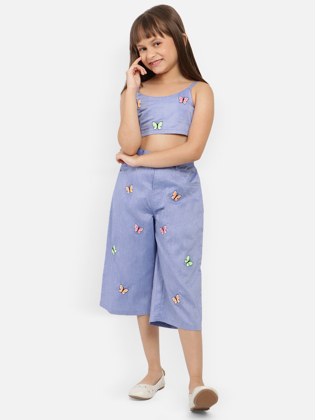 Nautinati Girls Floral Embroidered Pure Cotton Top With Trouser