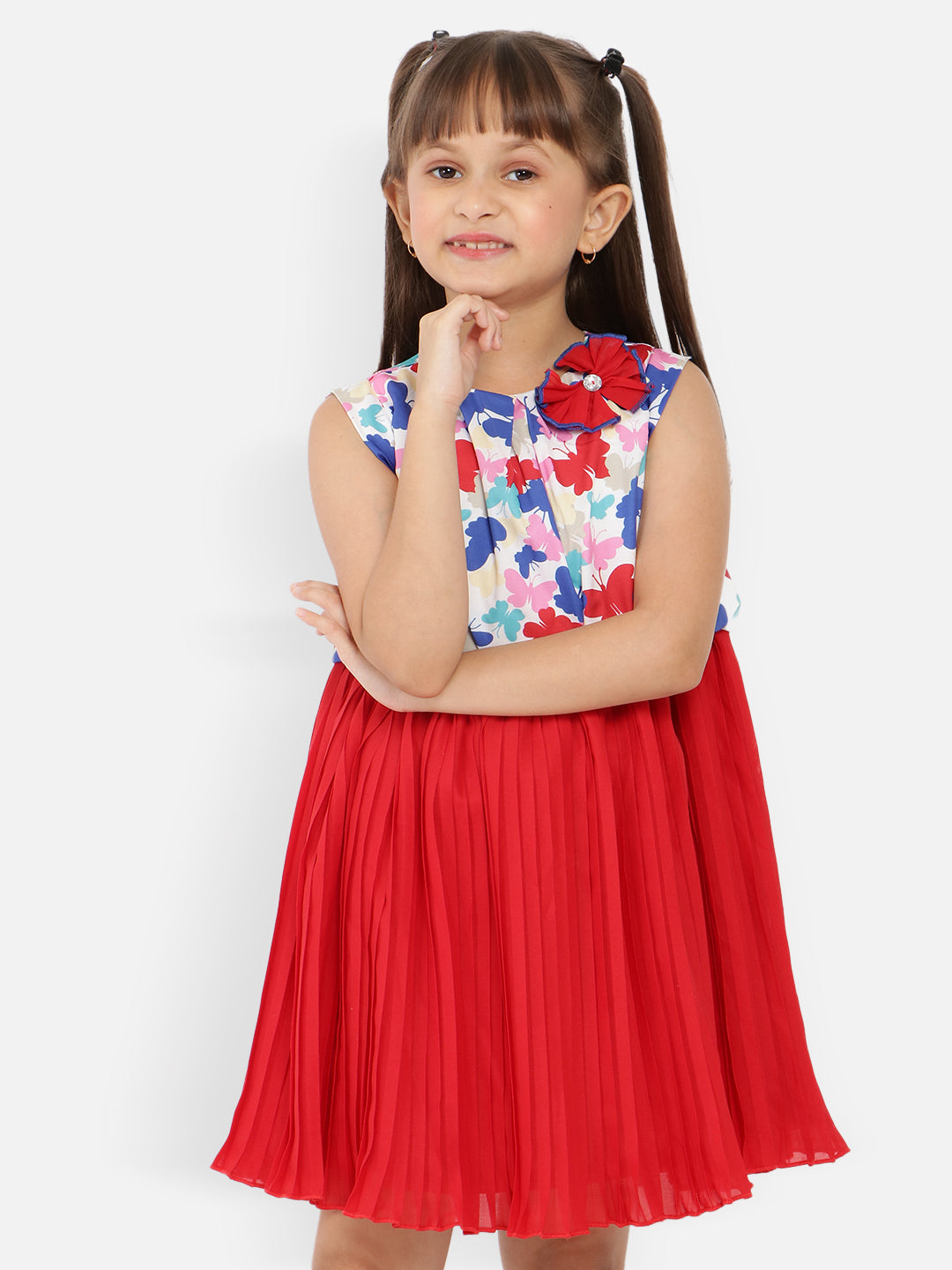 Nautinati Girls Floral Printed Gathered Or Pleated Fit Flare Dress