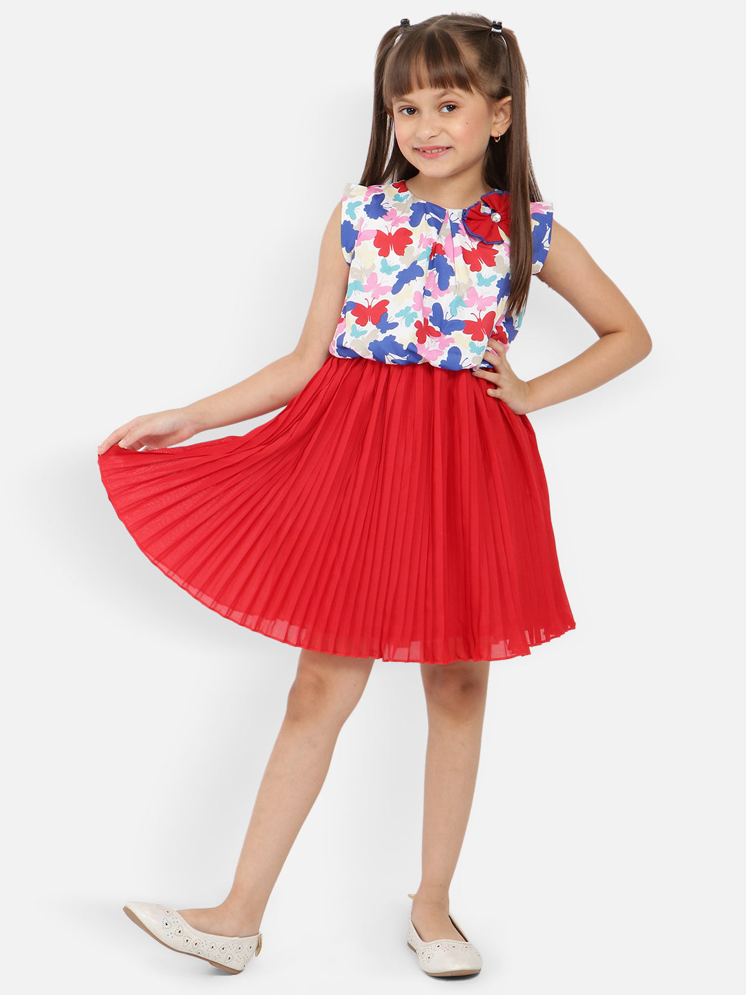 Nautinati Girls Floral Printed Gathered Or Pleated Fit Flare Dress