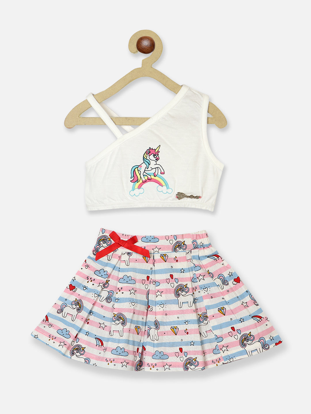 Nautinati Girls Unicorn Embroidered One Shoulder Top Printed Skirt With Bow Detailing