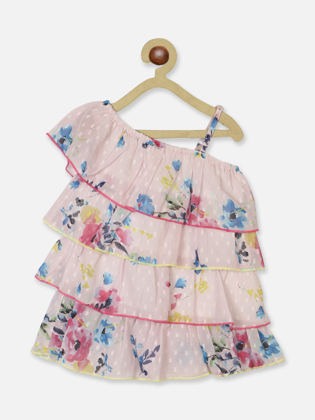 Nautinati Girls Floral Printed Shoulder Strap Layered A-Line Dress