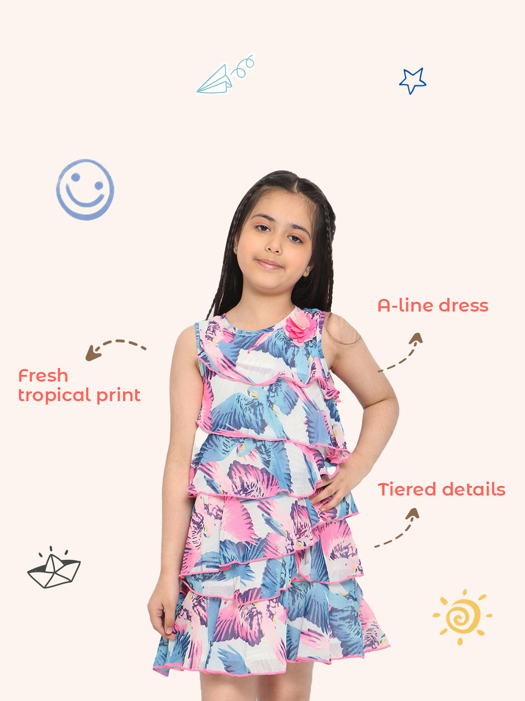 Nautinati Girls Floral Printed Layered Georgette A-Line Dress