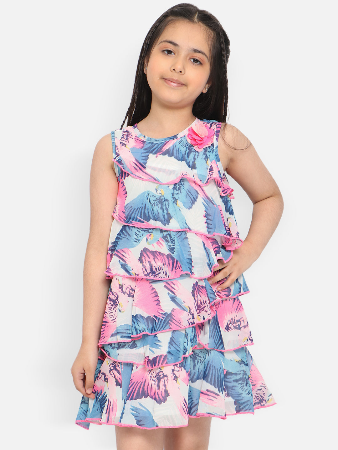 Nautinati Girls Floral Printed Layered Georgette A-Line Dress