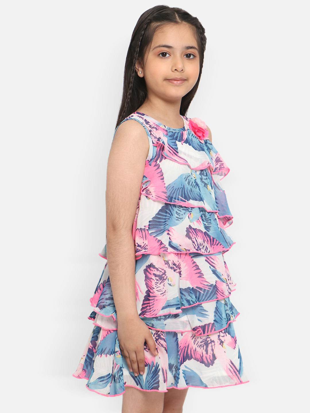 Nautinati Girls Floral Printed Layered Georgette A-Line Dress