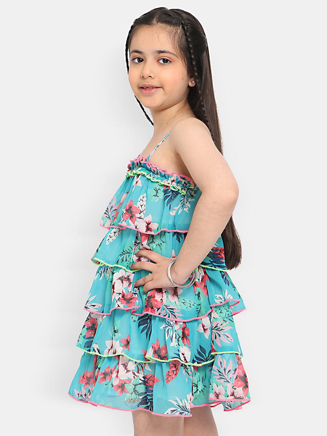 Nautinati Girls Floral Printed Shoulder Strap Layered A-Line Dress