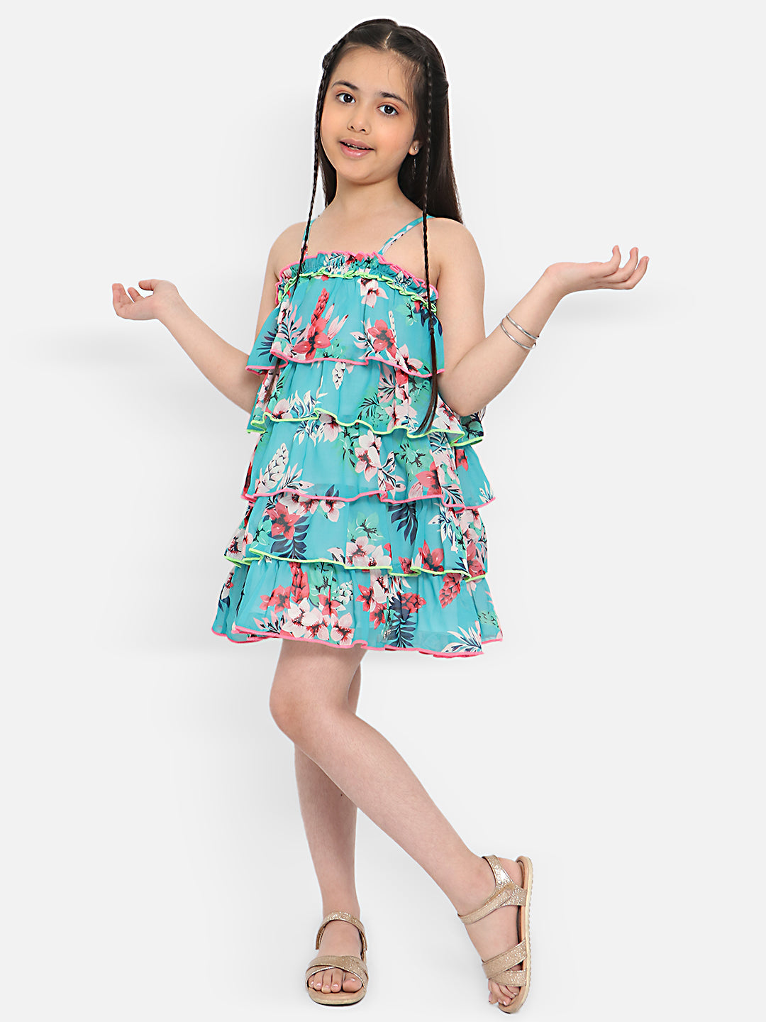 Nautinati Girls Floral Printed Shoulder Strap Layered A-Line Dress