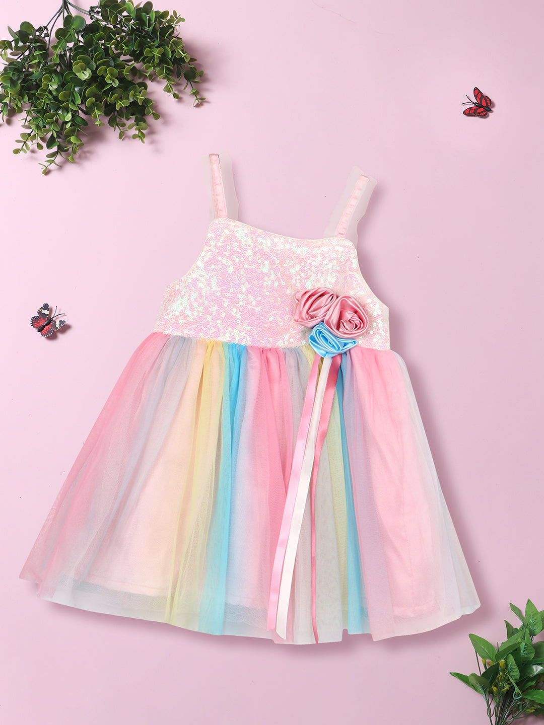 Nautinati Girls Embellished Sequinned Net Tulle Fit Flare Dress