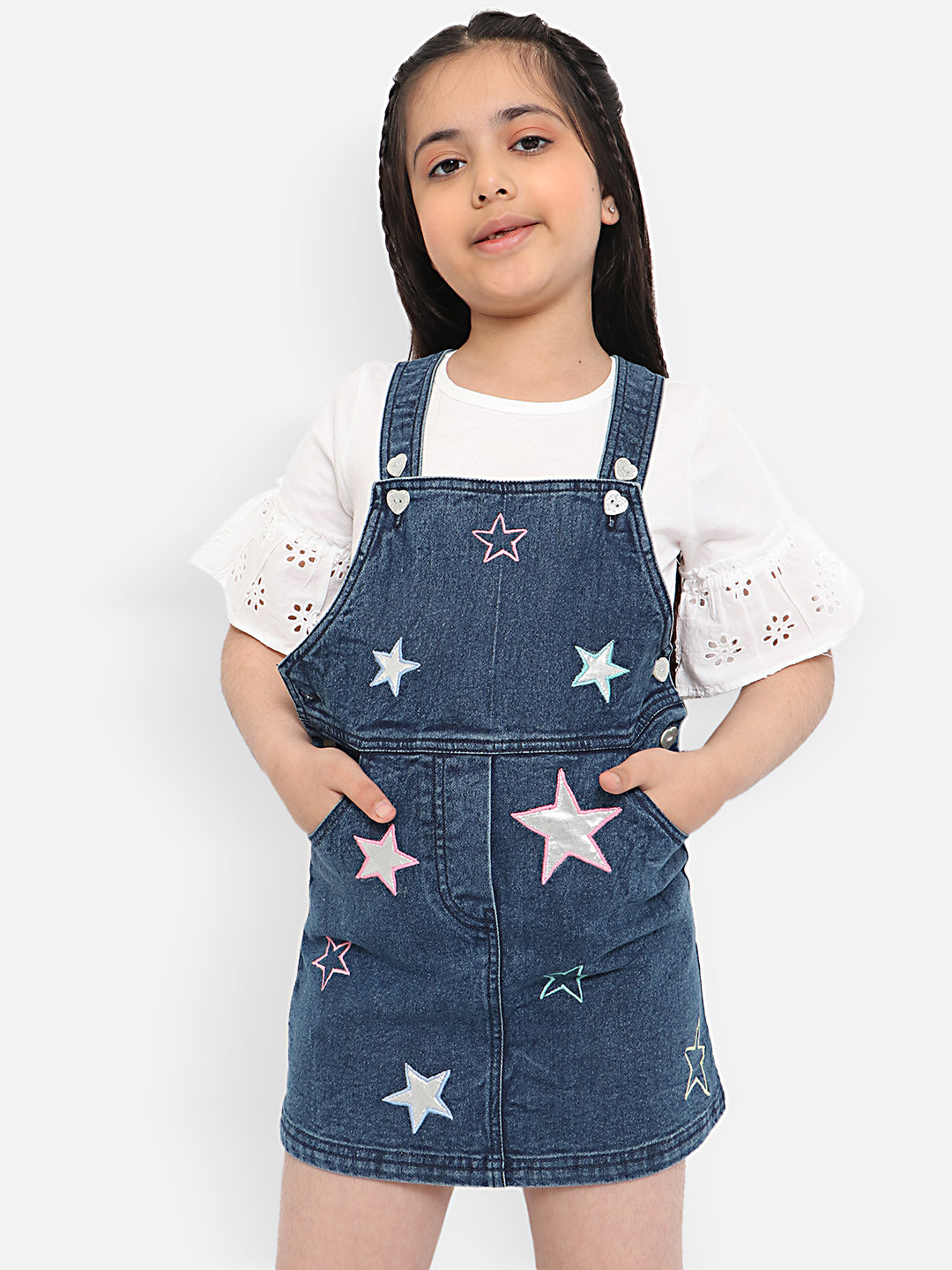 Nautinati Girls Embroidered Pure Cotton Denim Pinafore Mini Dress