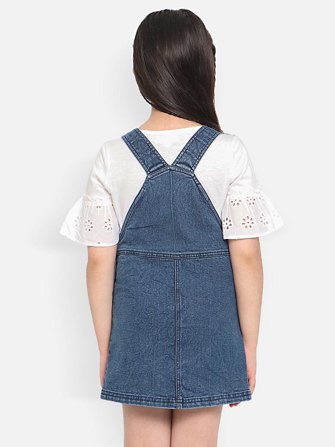 Nautinati Girls Embroidered Pure Cotton Denim Pinafore Mini Dress