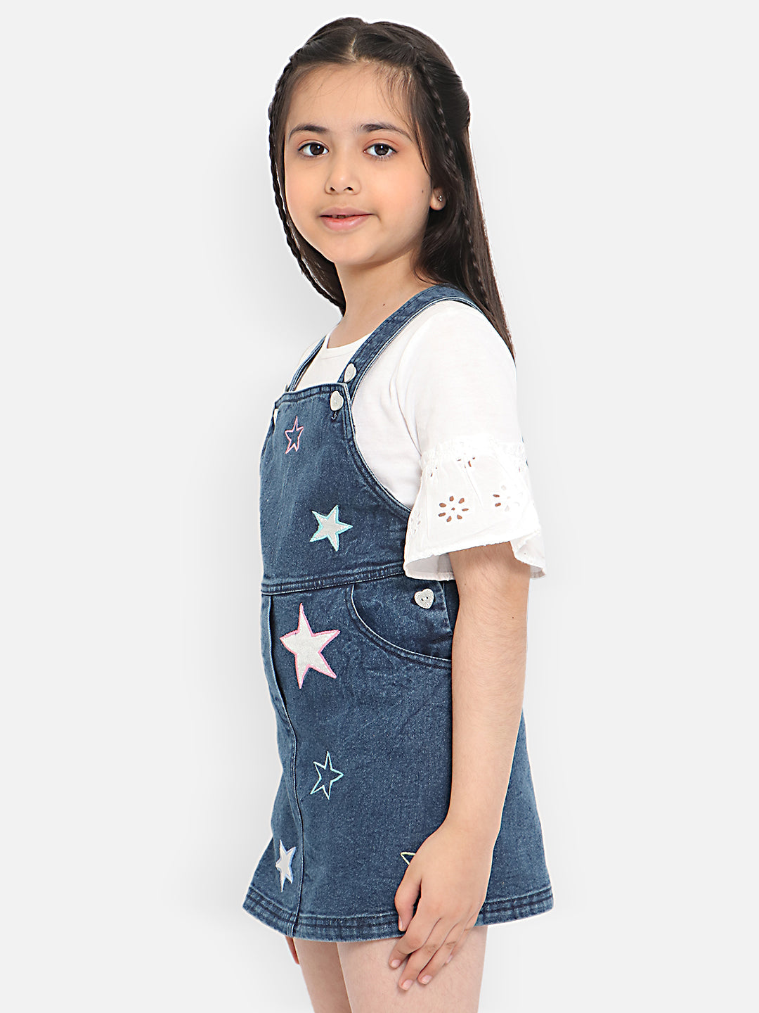 Nautinati Girls Embroidered Pure Cotton Denim Pinafore Mini Dress