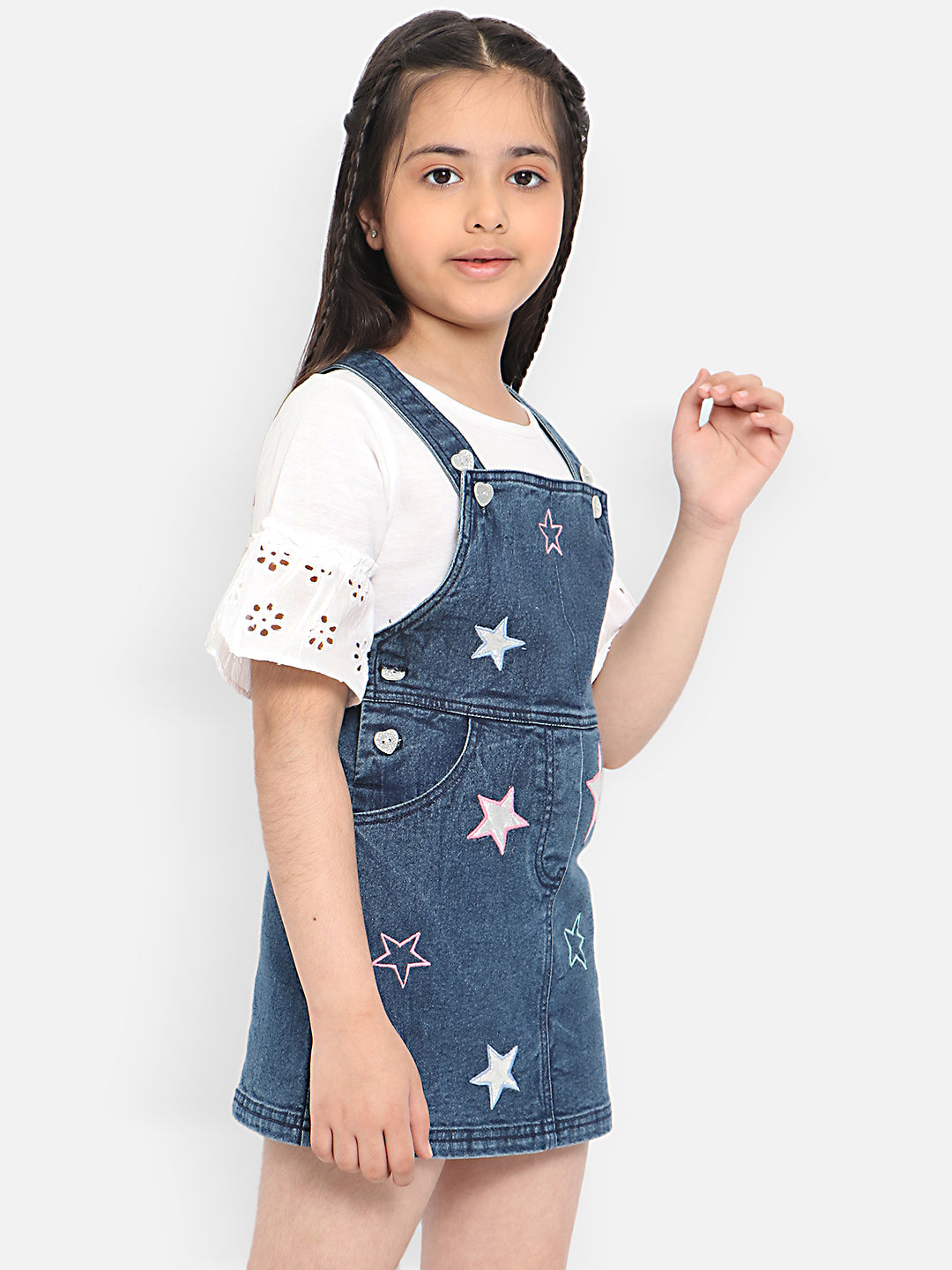 Nautinati Girls Embroidered Pure Cotton Denim Pinafore Mini Dress