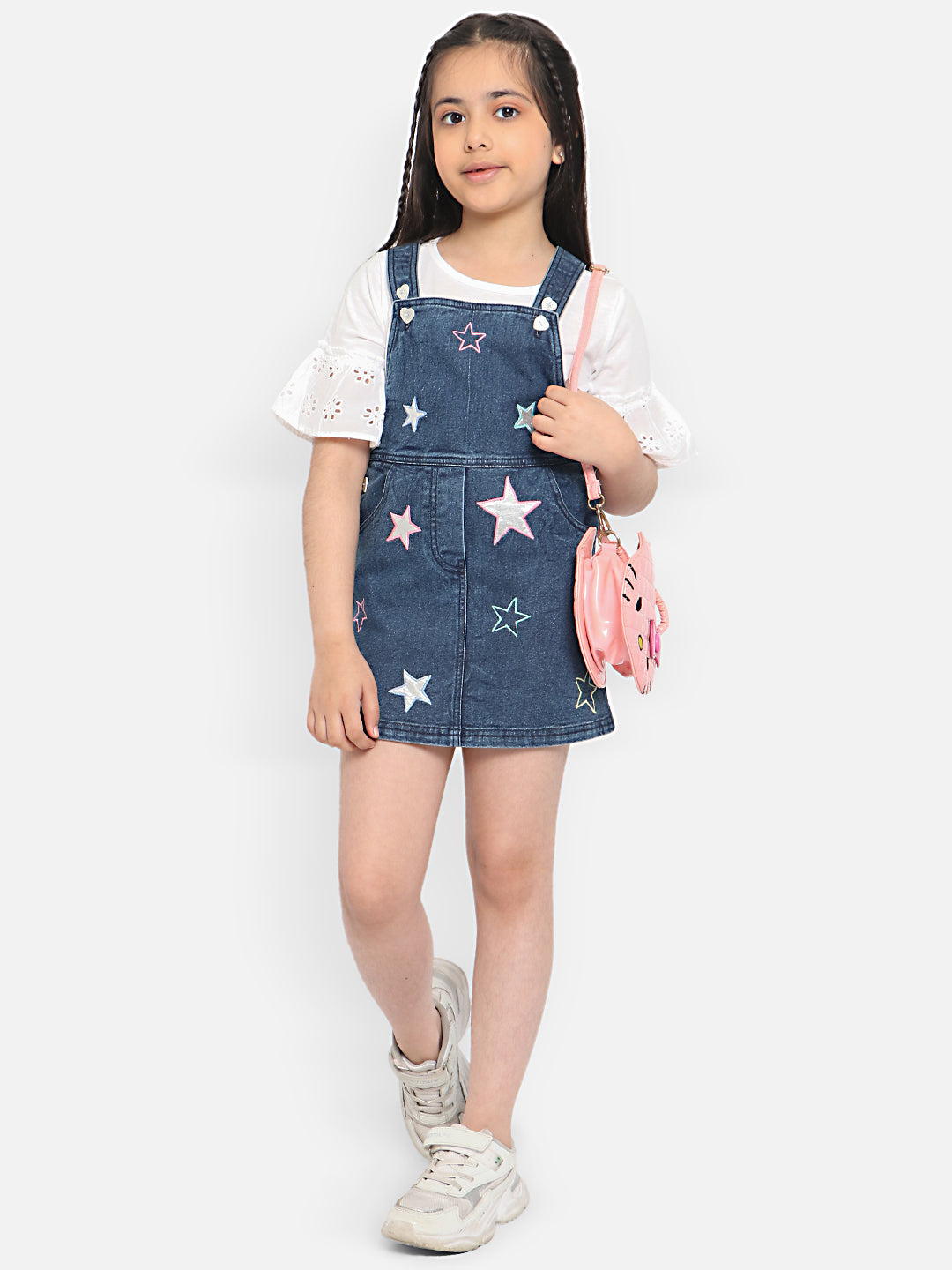 Nautinati Girls Embroidered Pure Cotton Denim Pinafore Mini Dress