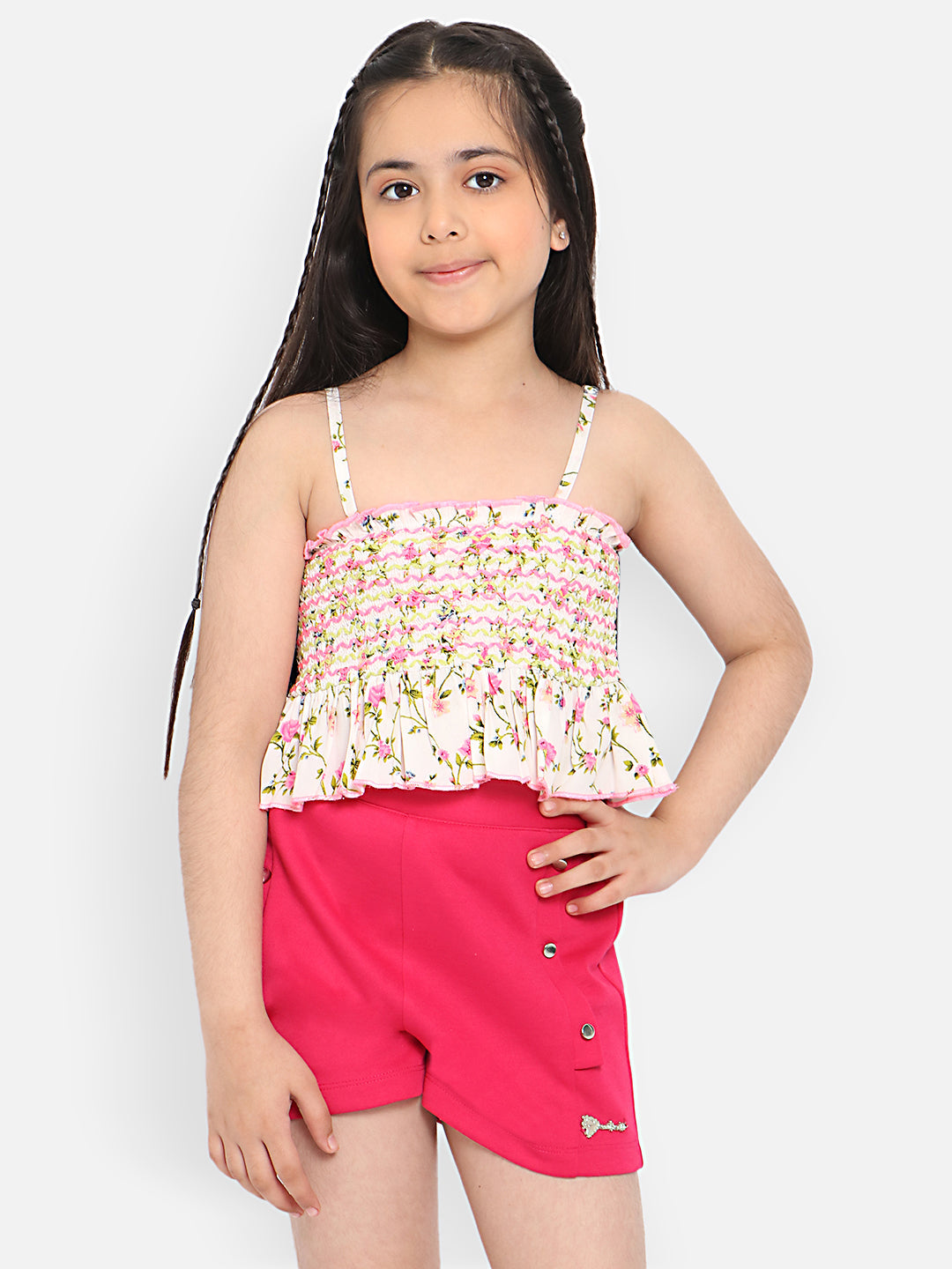 Nautinati Girls Floral Printed Smocked Shoulder Straps Top With Shorts