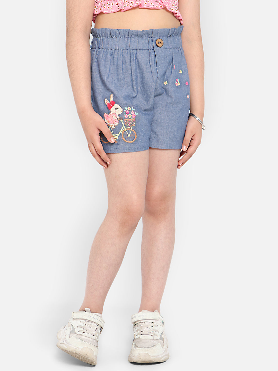 Nautinati Girls Mid-Rise Floral Embroidered Pure Cotton Shorts