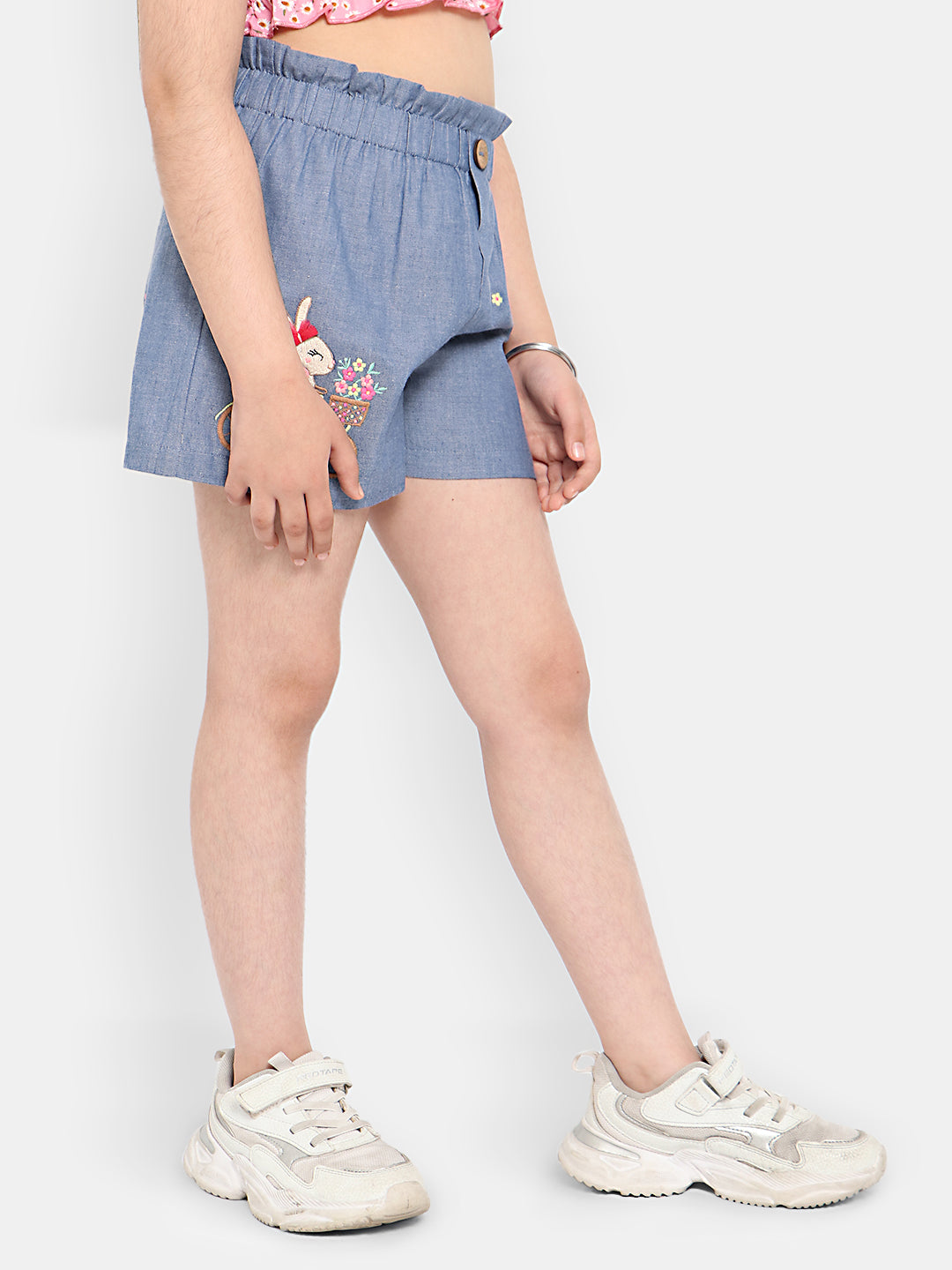 Nautinati Girls Mid-Rise Floral Embroidered Pure Cotton Shorts