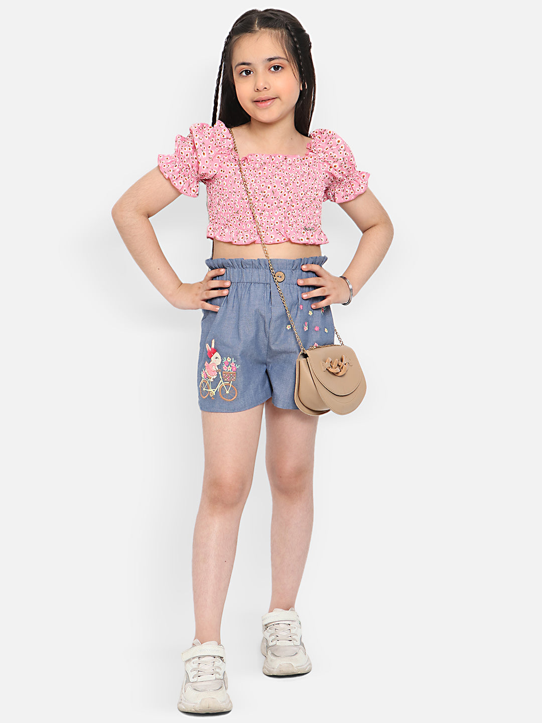 Nautinati Girls Mid-Rise Floral Embroidered Pure Cotton Shorts