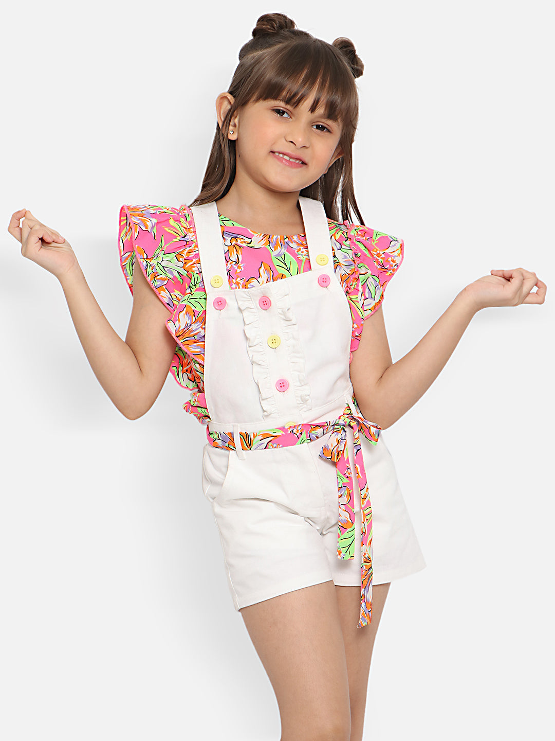 Nautinati Girls Dungaree With Waist Belt Printed Top