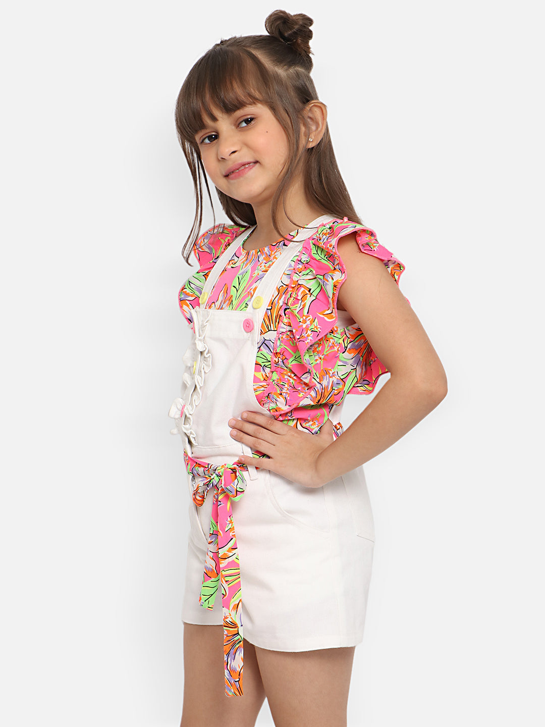 Nautinati Girls Dungaree With Waist Belt Printed Top