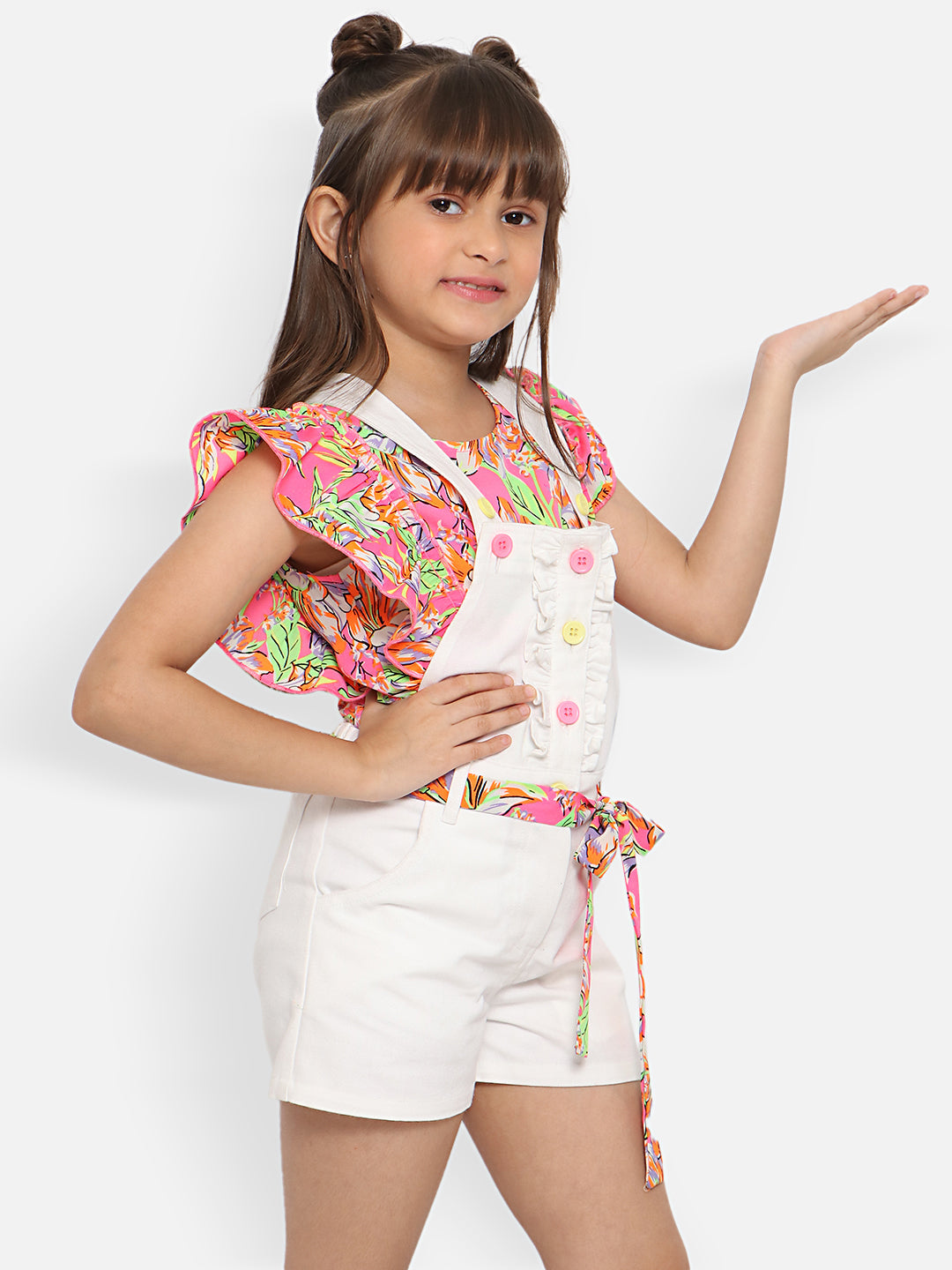 Nautinati Girls Dungaree With Waist Belt Printed Top