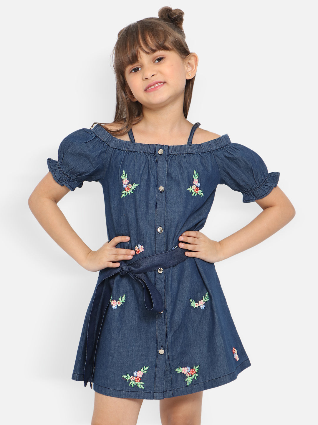 Nautinati Girls Floral Embroidered Puff Sleeve Denim Cotton A-Line Mini Dress With Belt